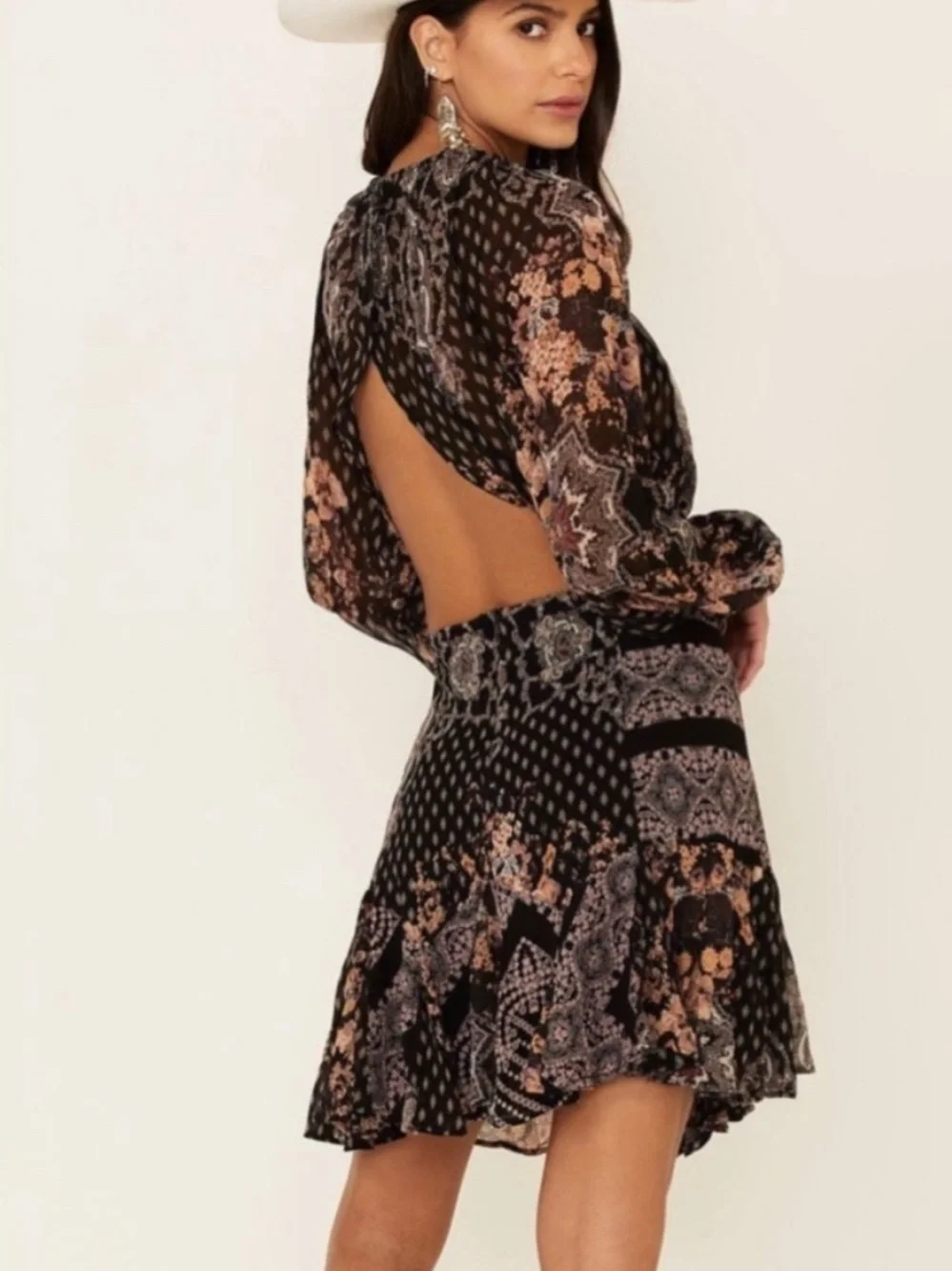 Free People Black Floral Open-Back Long-Sleeve Mini Dress - Picture 2 of 11